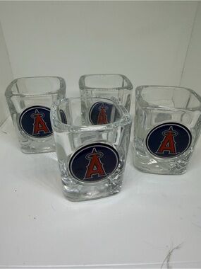 Square Glass Shot Glasses with MLB Angel’s Baseball Team Logo - Set of 4